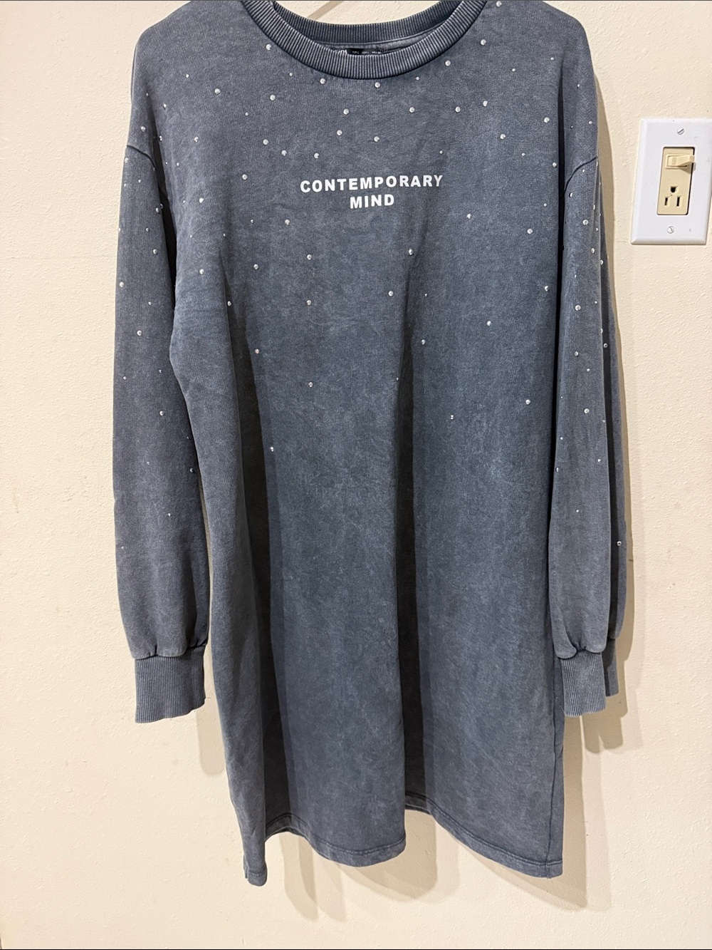 Zara Washed Effect Studded “Contemporary Mind' Sweatshirt Dress with Rhinestones